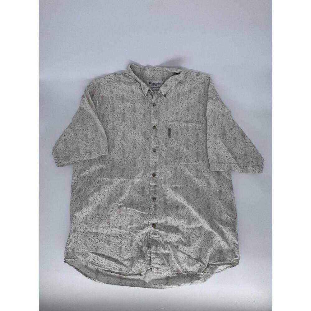 Columbia Fishbone Button Up Shirt 100% Cotton Size Large Tan White**See Pics**